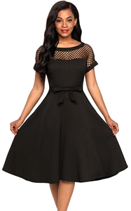 BY61862-2 Fishnet Insert Black Bowknot Embellished Dress